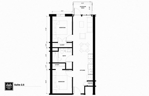 Floor plan for 2 beds, 1 bath, 748 sqft
